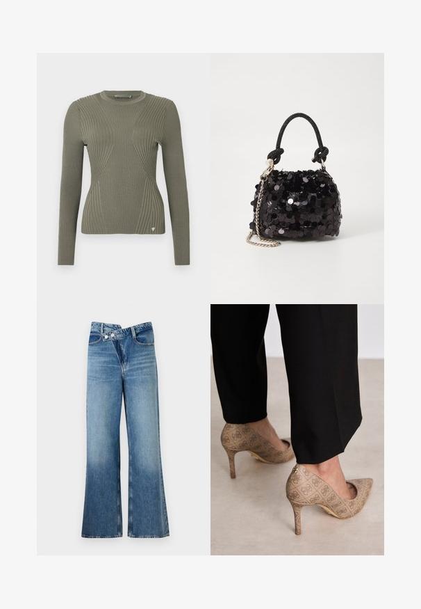 Pull en maille côtelée vert olive à manches longues, avec des panneaux texturés et un petit logo en accent sur l'ourlet. Col rond.; Jean en denim bleu clair évasé à taille haute, doté de deux boutons et de poches avant. Le tissu a une texture décolorée avec des variations subtiles.; Chaussures à talons hauts beiges en tissu texturé avec un motif répétitif. Design à bout pointu avec un accent à l'arrière et détail de talon doré.; Mini sac à main en sequins noirs avec une bandoulière texturée nouée et une chaîne argentée. Forme arrondie avec un haut froncé et des détails réfléchissants.