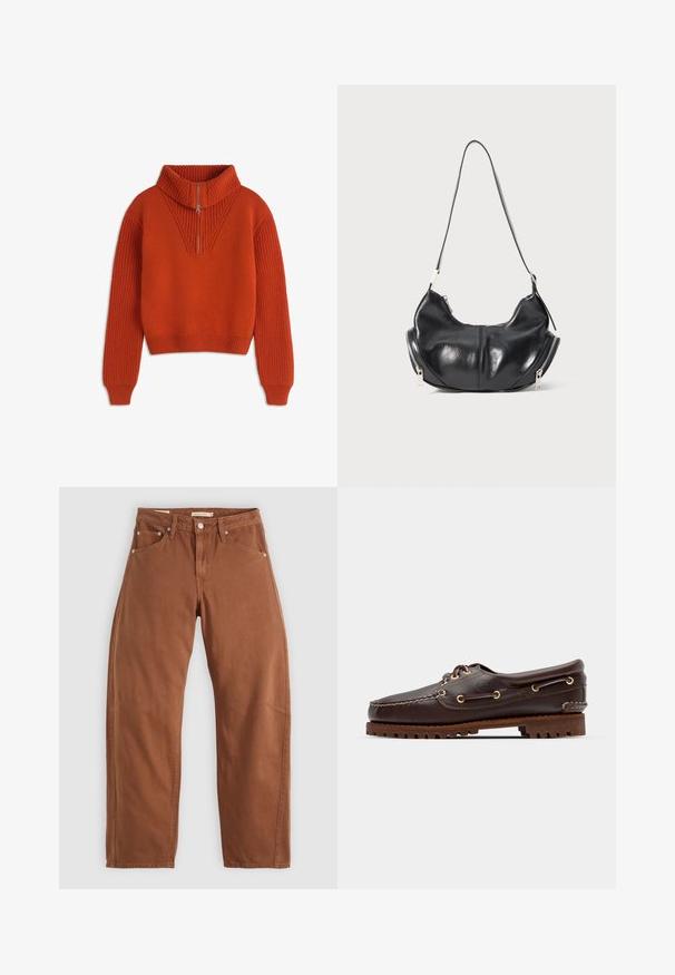 Oranžový pletený svetr s vysokým límcem, půlzipem a žebrovanými manžetami. Má texturovaný vzor na ramenou a hladké tělo. Krátký střih.; Hnědé rovné džíny barvy rezavé s předními a zadními kapsami, kovovými nýty, zapínáním na knoflík a poutky na opasek, ležící rozložené na bílé pozadí.; Hnědé kožené lodní boty se zlatými očky, kulatými tkaničkami a texturovanou hnědou gumovou podrážkou. Obsahují zašitý detail a vyvýšené logo.; Černá kožená taška ve tvaru půlměsíce s stříbrnými zipy po obou stranách a jedním popruhem.