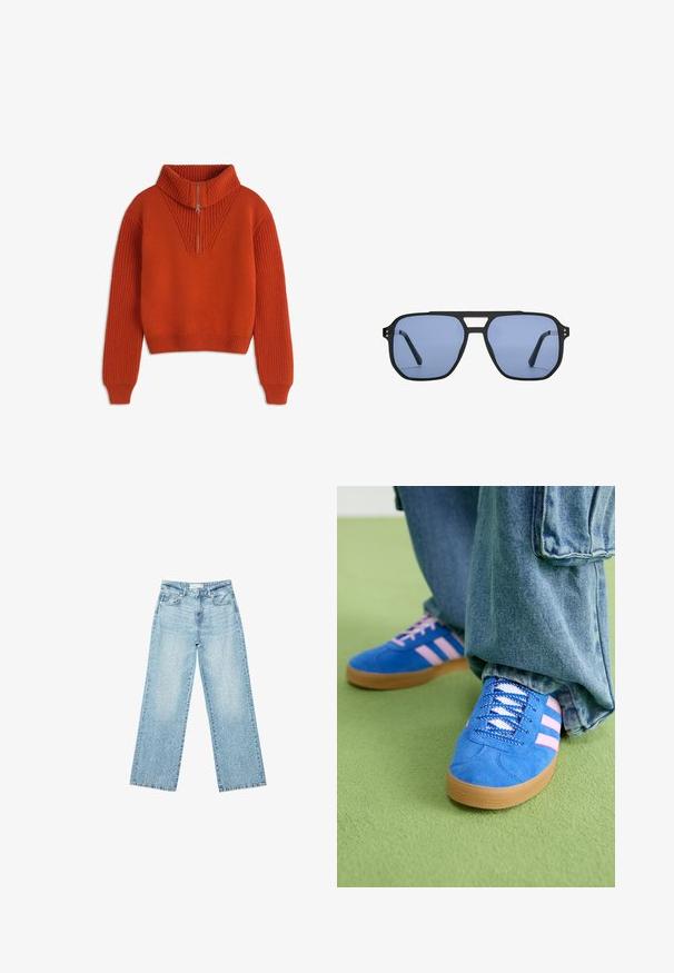 Pull en tricot orange avec un col montant, une demi-fermeture éclair et des poignets côtelés. Présente un motif texturé sur les épaules et un corps lisse. Design court.; Jeans en denim bleu clair à jambe large avec une taille haute, présentant un délavage léger et de petits détails de déchirures éparpillés.; Des chaussures en daim bleu avec des rayures roses et des lacets blancs, dotées d'une semelle en caoutchouc gomme, assorties à un pantalon en denim ample sur une surface verte.; Stradivarius RETRO - Lunettes de soleil - light blue