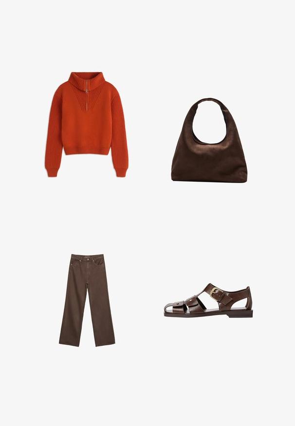 Pomarańczowy sweter robiony na drutach z wysokim kołnierzem, zamkiem błyskawicznym do połowy i ściągaczem przy mankietach. Charakteryzuje się teksturowanym wzorem na ramionach i gładkim korpusem. Krótki fason.; Szerokie brązowe dżinsy wykonane z denimu, z wysokim stanem, przednimi kieszeniami i klasycznym zapięciem na guzik. Gładka faktura z subtelnym przeszyciem.; Brązowe skórzane sandały z wycięciami, regulowanym zapięciem po boku i płaską podeszwą, z metalowymi akcentami i otwartym noskiem.; Miękka, brązowa torebka w stylu hobo z jedną szeroką rączką i wyprofilowanym otwarciem, wyeksponowana na białym tle.