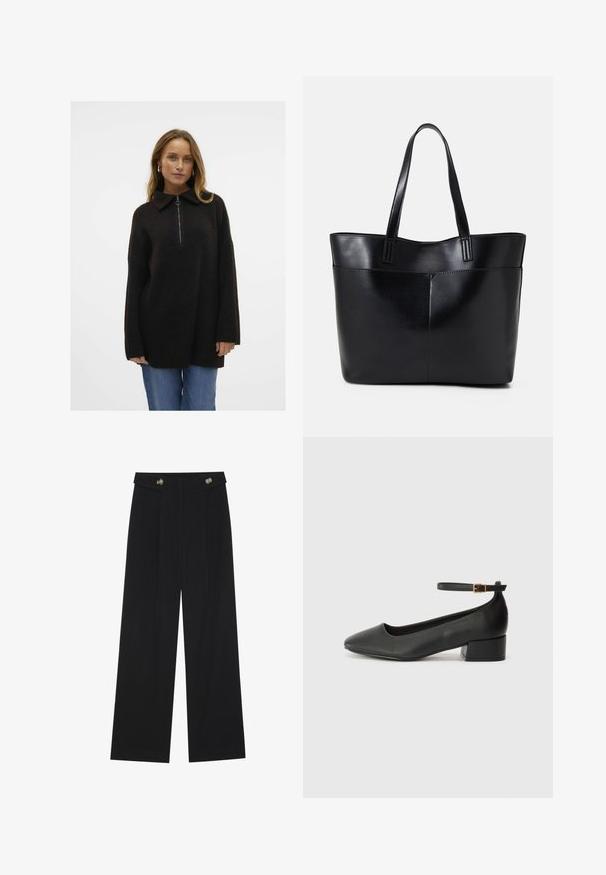 Villane segu must särk, millel on lukuga vale krae, lahti istuv lõige, soonikkoes ja pikad varrukad, koos siniste teksadega.; Mustad laiad püksid kõrge vöökoha ja nööpdetailidega vööandil, esikortsudega.; Must mustaapp, millel on terav nina ja madal blokk-kand. Omab pahkluu rihma koos kuldse tooni pandlaga. Sile tekstuur.; Must mustaga musta nahast, millel on kaks pikka kanda, sile tekstuur ja struktureeritud kuju. Esipoolsel on lisakoti jaoks tasku.