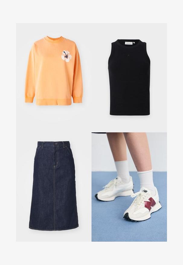 Sweatshirt in morbido cotone arancione con scollatura rotonda e polsini a coste. Presenta una grafica floreale bianca sul lato sinistro.; Top senza maniche nero realizzato in tessuto ribbed, con scollatura rotonda e un piccolo logo sul davanti. Design semplice e aderente.; Gonna di jeans scuro con vita alta, taglio dritto, tasche frontali e cuciture a vista. Presenta una chiusura con zip e bottone in vita.; Paio di sneakers bianche con accenti bordeaux, pannelli testurizzati, suola piatta nera e lacci leggeri, indossati con calzini bianchi alla caviglia.