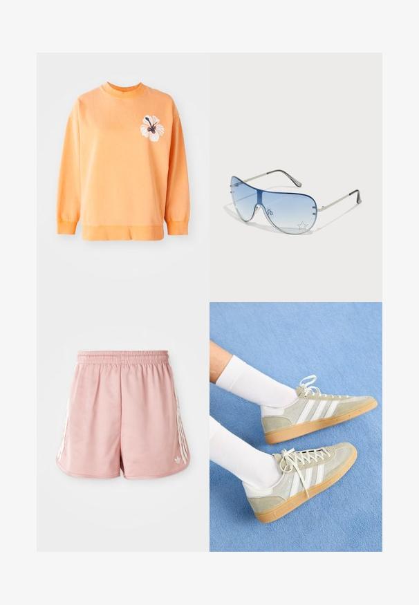 Sweatshirt in zacht oranje katoen met een ronde halslijn en geribde manchetten. Beschikt over een witte bloemenafbeelding aan de linkerkant.; Roze sport shorts met een elastische tailleband, witte zijstreepdetails en een klein logo aan de onderkant van de linkervoorzijde. Glad textuur van de stof.; Lichtgrijze suède sneakers met witte rubberaccenten, featuring drie witte strepen en een gumsole, gedragen met witte sokken op een blauwe achtergrond.; Aviator zonnebril met een gradient blauwe lens, zilveren metalen frame en decoratieve sterrenaccenten op de lens. Glad en strak ontwerp.