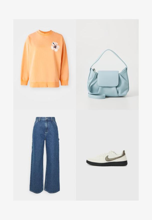 Sweatshirt en coton doux orange clair avec un col rond et des poignets côtelés. Présente un motif floral blanc sur le côté gauche.; Pantalons en denim bleu à jambes larges avec taille haute, couture contrastée et poches latérales, présentant un design classique à cinq poches et des ourlets bruts.; Nike Sportswear FIELD GENERAL - Baskets basses - off-white/black; Sac à main en cuir bleu clair avec une anse supérieure, poche à rabat avant et bandoulière amovible sur fond blanc.