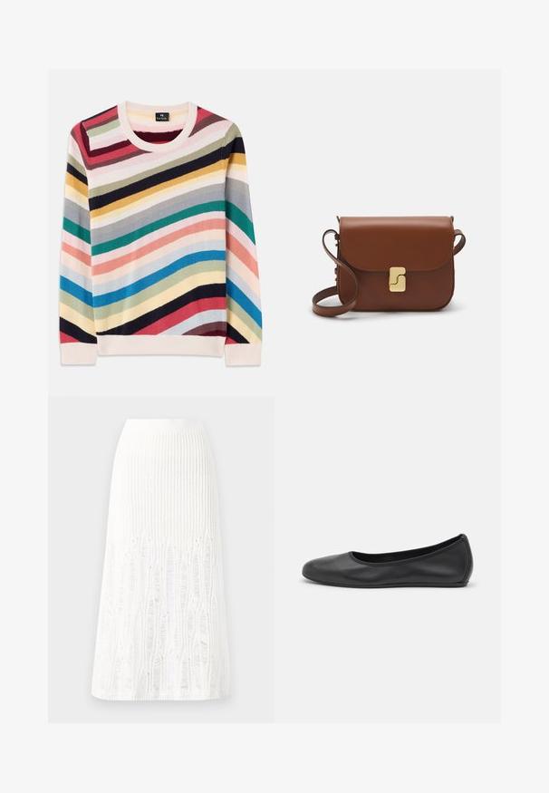 Pull multicolore avec des rayures horizontales en rose, bleu, vert, jaune et rouge. Doté d'un col rond et de bords côtelés. Texture en tricot douce.; Jupe midi en tricot blanche présentant un motif texturé avec des lignes verticales et des découpes près de l'ourlet. Taille élastique. Matériau doux.; Ballerines en cuir noir avec un bout rond, texture lisse, détails de couture minimalistes et design de semelle flexible.; Sac à main en cuir marron avec une fermeture à rabat, des accents en métal doré, une bandoulière et une texture lisse. Forme rectangulaire compacte.