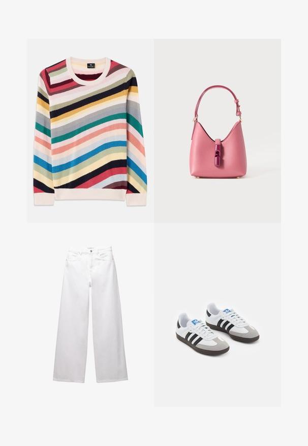 Multikleurige trui met horizontale strepen in roze, blauw, groen, geel en rood. Heeft een ronde halslijn en ribgebreide manchetten. Zachte brei-textuur.; Witte wijde denim jeans. Voorzien van een knoopsluiting, voor- en achterzakken, en gestikte naden. Soepele textuur met minimale details.; Sportschoenen met een witte leren bovenkant, grijze suède neus en drie zwarte strepen. Bevat een blauw logo op de tong en een gestructureerde rubberen zool.; Roze leren handtas met een gestructureerde vorm, voorzien van een glanzende sluiting en een enkele verstelbare schouderband. Getextureerde afwerking met gouden hardware.