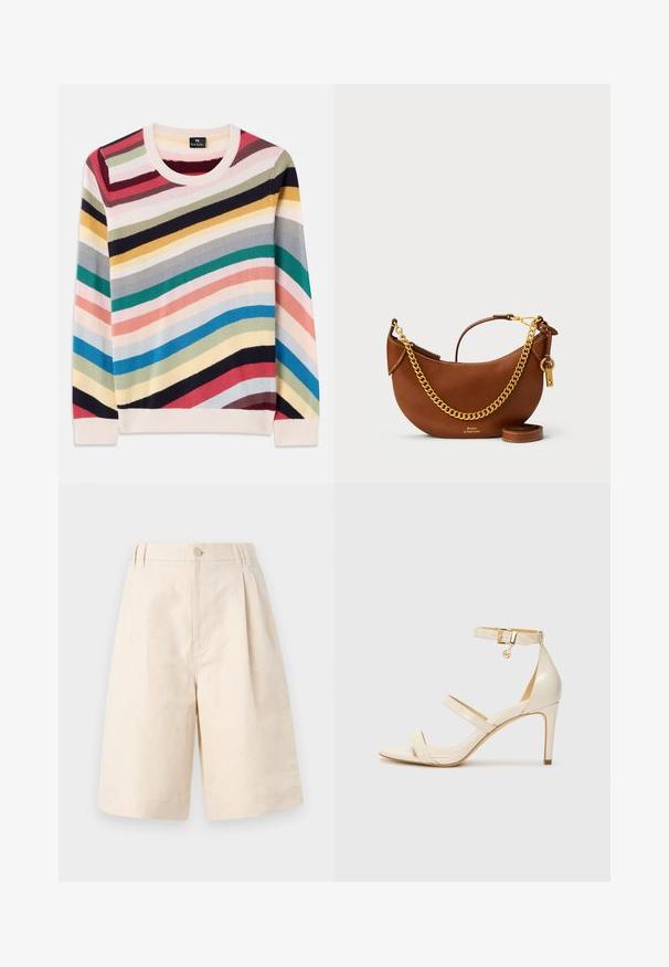 Daudzkrāsains džemperis ar horizontālām svītrām rozā, zilā, zaļā, dzeltenā un sarkanā krāsā. Tam ir apaļš kakla izgriezums un ribota piedurkņu apdare. Mīksta adījuma tekstūra.; Beige linu džinsi ar brīvu piegriezumu, ar pogu aizdari, krokām un līdz ceļiem garumu. Gluda tekstūra un vienkāršs stils.; Bežīgas augstpapēžu sandales ar plānu potītes siksniņu un divām augšējām siksnām. Spīdošs laku apdare un zelta aksesuārs uz potītes siksniņas.; Brūns ādas rokassomu ar izliekta dizaina, zelta ķēdes siksnu, iekšējo kabatu un noņemamu plecu siksnu. Ievērojama kontrastējoša šuvuma detaļa.