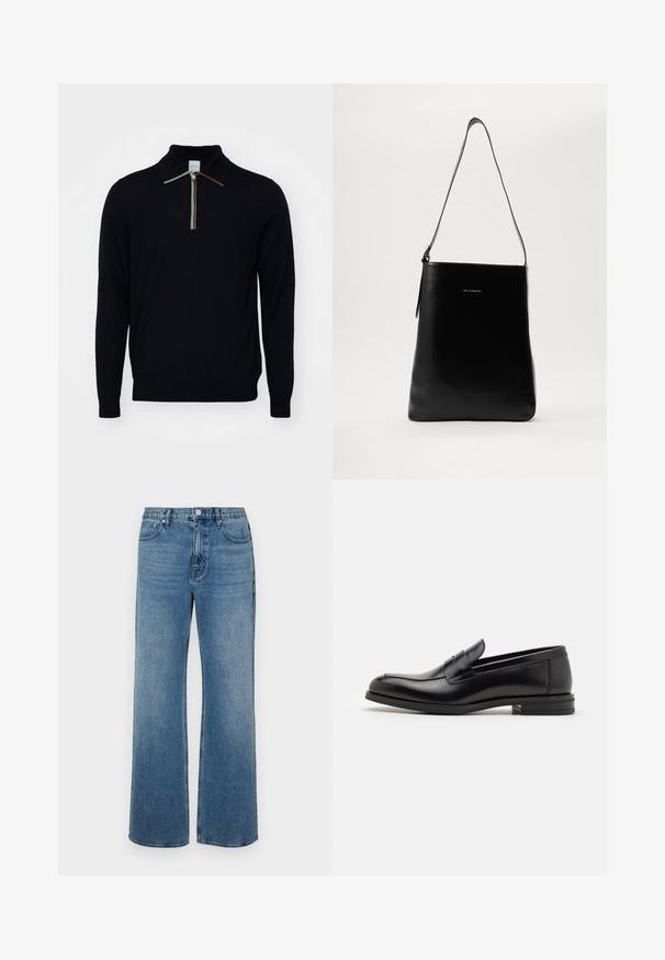 Paul Smith SWEATER - Maglione - black; Jeans a gamba larga blu in denim con una finitura sbiadita. Presentano cinque tasche, una chiusura con bottone frontale e una vestibilità dritta.; Mocassini neri in pelle con una texture liscia, punta arrotondata e una striscia decorativa sulla tomaia. Tacco basso impilato, design minimalista.; Borsa a tracolla in pelle nera con texture liscia, forma rettangolare e tracolla lunga; presenta un piccolo logo bianco al centro.