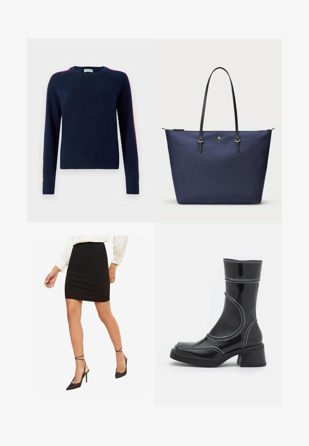 FROM FUTURE BANDE MULTICOLORE AUX MANCHES - Džemperis - navy; Juoda prigludusi mini sijonas, lygus audinys, vidutinio aukščio juosmuo, derinamas su juodais aštriais aukštakulniais, turinčiais kulkšnies dirželius.; Juodo lakuoto odos kulkšninis batas su baltomis siūlėmis, apvaliu pirštu ir blokuotu kulnu. Ypatinasi išlenktomis dizaino linijomis ir lygia tekstūra.; Tamsiai mėlyna pirkinių lagaminas, pagamintas iš tekstūruotos medžiagos, su juodais odiniais rankenėlėmis ir auksiniais akcentais. Užtrauktuko uždarymas viršuje.