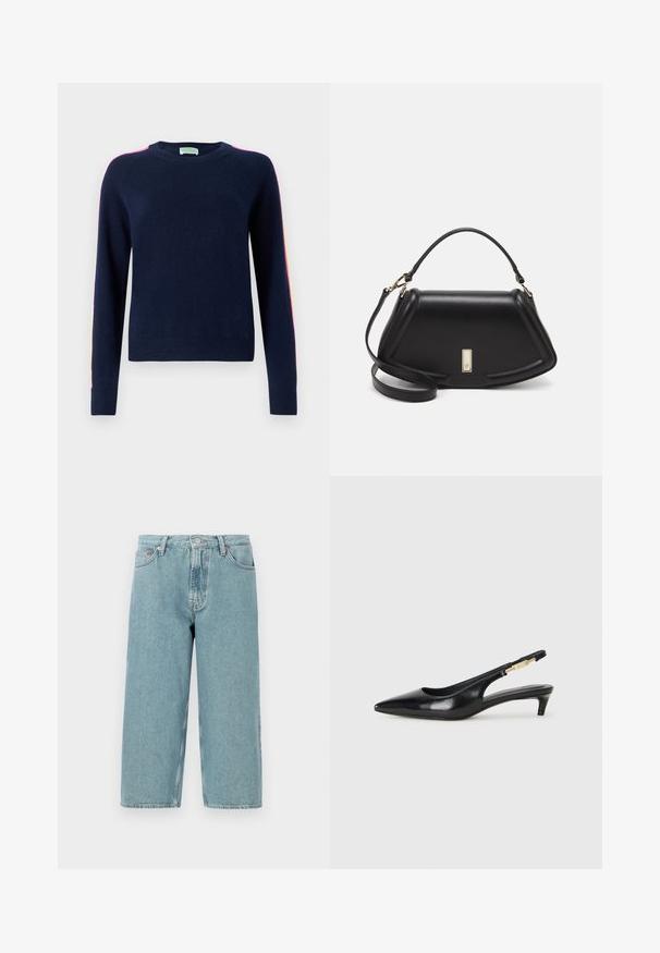 FROM FUTURE BANDE MULTICOLORE AUX MANCHES - Pullover - navy; Shorts en denim bleu clair avec taille haute, coupe droite et ourlet brut. Dispose d'une fermeture classique à bouton et à glissière, ainsi que de quatre poches.; Talons hauts en cuir noir avec un bout pointu, dotés d'un talon fin et d'un accent en ton or sur la lanière réglable. Texture lisse.; Sac à main en cuir noir avec un design structuré, featuring une forme cropped, une poignée supérieure et des accents en matériel doré. Bandoulière réglable incluse.