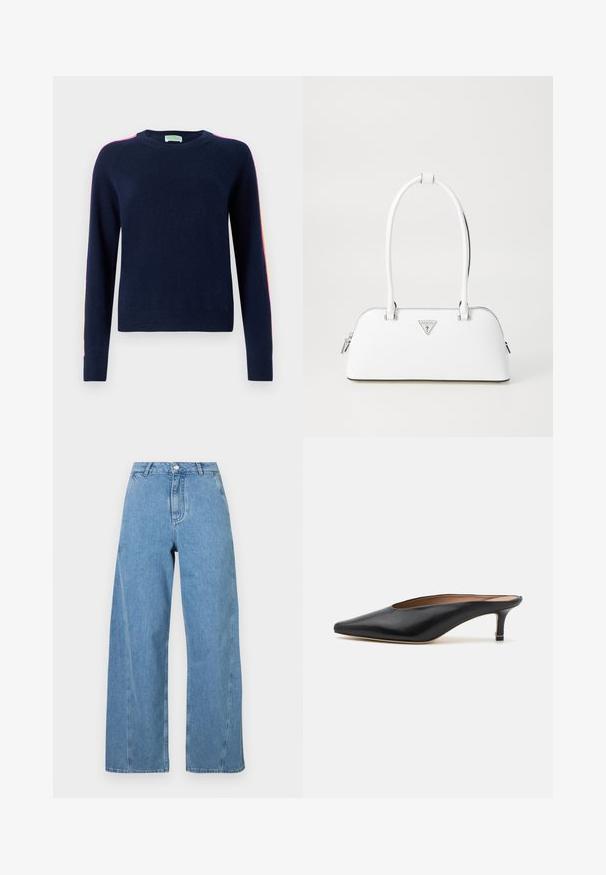 FROM FUTURE BANDE MULTICOLORE AUX MANCHES - Trui - navy; Lichtblauwe wijde jeans gemaakt van denim, met een hoge taille, rechte snit en contrasterende stiksels langs de naden.; Zwarte leren muiltjes met een puntige neus en een lage, blokhak. Glad oppervlak met een gestroomlijnd ontwerp. Open achterkant met minimale details.; Witte leren handtas met een gebogen vorm, voorzien van een zilveren driehoekig logo en ritssluiting. Gladde textuur en dubbele handvaten.