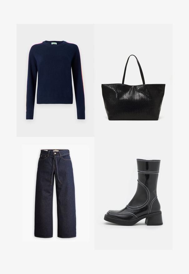 FROM FUTURE BANDE MULTICOLORE AUX MANCHES - Strickpullover - navy; Weite, dunkelblaue Jeans aus Denim mit hoher Taille, ausgestattet mit einem Kordelzug, fünf Taschen und kontrastierenden Nähdetails.; Schwarze Lackleder-Ankle Boots mit weißen Nähten, abgerundeter Zehe und Blockabsatz. Besitzt geschwungene Designlinien und eine glatte Textur.; Schwarze geflochtene Tragetasche mit zwei stabilen Griffen, die eine glänzende Textur und ein geräumiges offenes Design bietet.