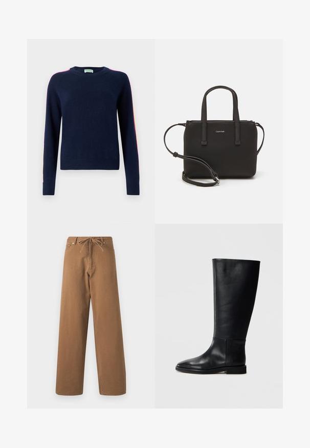 FROM FUTURE BANDE MULTICOLORE AUX MANCHES - Trui - navy; Paarse wijde broek gemaakt van katoen, met een verstelbare tailleband en twee voorzakken. Geweven stof met een gladde afwerking.; Zwarte leren kniehoge laars met een ronde neus, een gladde textuur, een minimalistisch ontwerp en een platte zool. Eenvoudige stikdetails op de schacht.; Zwarte handtas met dubbele korte handvatten en een afneembare schouderriem. Glad, leerachtig materiaal met een ritssluiting en logo-detail.