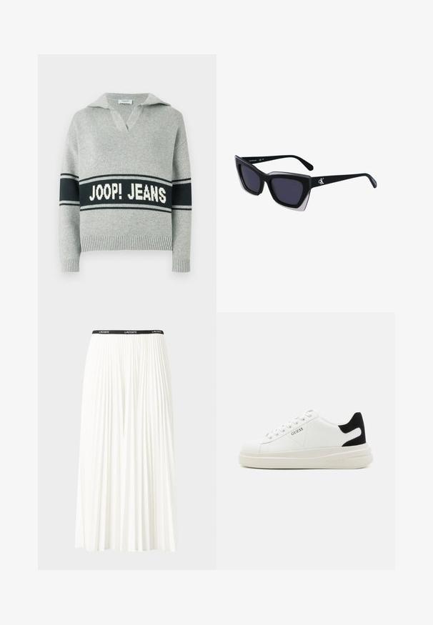 Šviesiai pilkas megztinis iš mezgimo su plačia juoda juosta ir baltu užrašu „JOOP! JEANS“ krūtinės srityje, atvira apykakle bei ribėtomis rankogaliais ir apačia.; Pleated balta sijonas su juodu elastiniu juosmeniu, ant kurio yra "LACOSTE" logotipas. Vidutinio ilgio dizainas su švelnia tekstūra.; Baltos odinės sportbačiai su storu baltu padu, juodu nubuko kulno akcentu ir iškilmingu logotipu šone. Su raišteliais, turinčiais šešis akinius.; Juodos didelės saulės akinių su geometrine forma, turinčiais tamsius objektyvus ir kontrastingą pilką detalę ant rėmelio. Logotipas ant šalon.