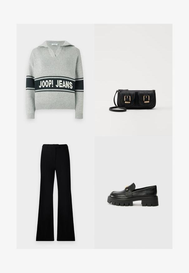Pulover tricotat gri deschis cu dungi late negre și text alb „JOOP! JEANS” pe piept, guler deschis și manșete și tiv striate.; Pantaloni negri evazați, cu o textură netedă, talie ajustată și buzunare frontale, proiectați cu o siluetă modernă, elegantă.; Mocasini negri din piele cu o talpă groasă, având un accent aurit în față și un finisaj neted. Design cu ștanțare groasă pe talpă.; Geantă neagră din piele, tip crossbody, cu două buzunare frontale, catarame aurii, închidere cu fermoar și o curea subțire. Suprafață texturată și formă rectangulară compactă.