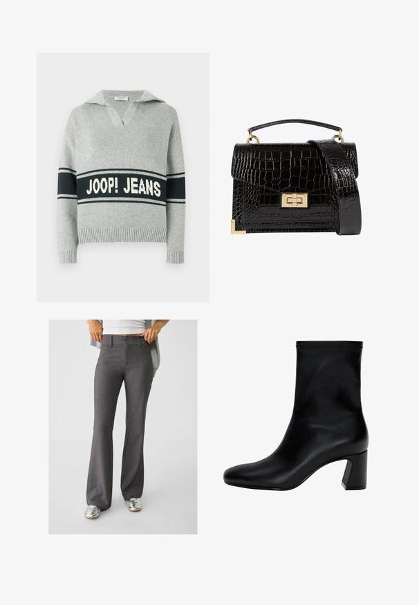 Hellgrauer Strickpullover mit breitem schwarzen Streifen und weißem "JOOP! JEANS"-Schriftzug auf der Brust, offenem Kragen sowie gerippten Bündchen und Saum.; Graue, ausgestellte Hosen aus strukturiertem Stoff, mit einer Zwei-Knopf-Verschluss und Gürtelschlaufen, kombiniert mit glänzenden silbernen Sneakers.; Schwarzer Knöchelstiefel aus glattem Leder. Mit quadrater Zehenpartie, elastischem Schaft und einem stabilen Blockabsatz. Minimalistisches Design.; Schwarz lackierte Handtasche mit Krokodilstruktur, goldfarbenen Hardware, einem oberen Griff und einem abnehmbaren Schulterriemen. Rechteckige Form mit Klappenverschluss.