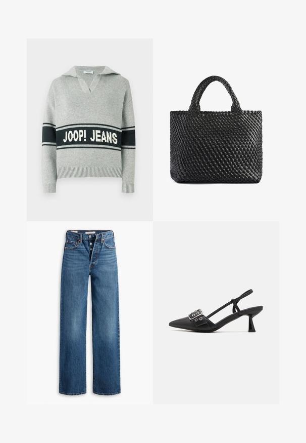 Maglione grigio chiaro lavorato a maglia con ampia striscia nera e scritta bianca "JOOP! JEANS" sul petto, collo aperto e polsini e orlo a coste.; Jeans in denim blu con un design a gamba larga, cinque tasche, chiusura con bottoni e cuciture a contrasto. Tessuto testurizzato con una finitura sbiadita.; Simmi London DALA - Decolleté - black; Borsa a tracolla nera intrecciata con due manici, caratterizzata da una superficie texturizzata e una forma rettangolare. Design semplice e unico senza hardware visibile.