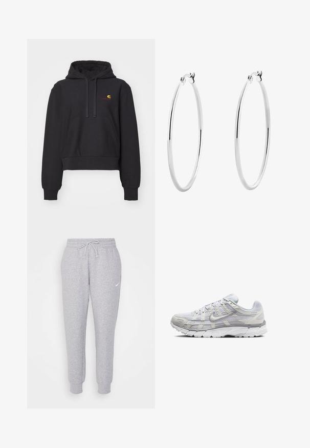 Black cropped hoodie made of soft fabric, featuring a kangaroo pocket, drawstring hood, and embroidered logo in yellow and red.; Light gray sweatpants with a drawstring waist, tapered legs, and a small white logo on the left thigh. Made from a soft, textured fabric.; Light gray athletic shoes with a mesh and synthetic upper, featuring a lace closure, padded collar, and textured sole for grip.; Silver hoop earrings with a smooth, polished finish and a seamless design, featuring rounded edges and a secure clasp.