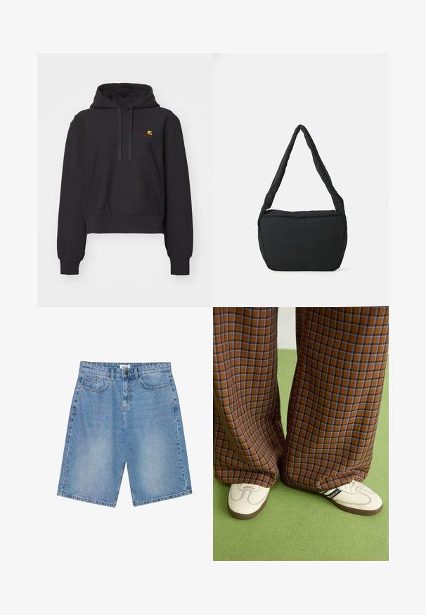 Black cropped hoodie made of soft fabric, featuring a kangaroo pocket, drawstring hood, and embroidered logo in yellow and red.; Denim shorts in light blue with a straight cut, five-pocket design, and contrast stitching. Features a button and zipper closure.; Brown and blue plaid wide-leg trousers paired with white shoes featuring black accents and textured soles, set against a green background.; Black shoulder bag with a padded texture, a rounded shape, and a wide strap, featuring an embossed logo on the front.