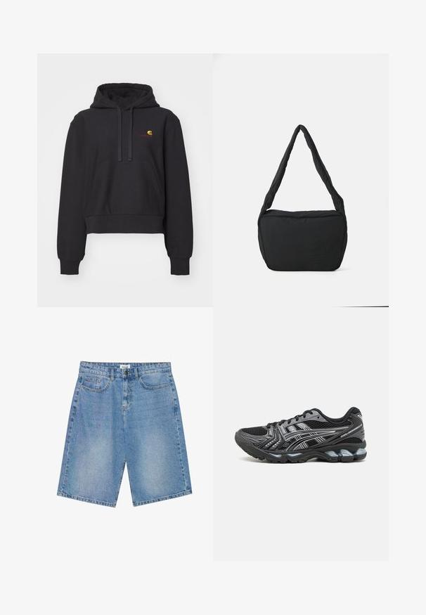 Sort cropped hoodie lavet af blødt stof, med en kænguru-lomme, hætte med snoretræk og broderet logo i gul og rød.; Lysblå denimshorts med lige pasform, fem-lomme design og kontrastsyning. Har en knap og lynlåslukning.; Sort sportsko med mesh-overdel, sølv accenter og en dæmpet sål. Har snørebåndsdesign og struktureret sål for bedre greb.; Sort skuldertaske med en polstret tekstur, en rund form og et bredt rem, præget med et logo på forsiden.