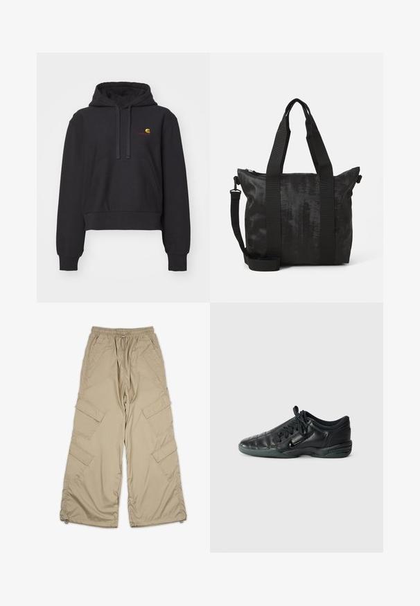 Hoodie noir court en tissu doux, avec une poche kangourou, une capuche à cordon de serrage et un logo brodé en jaune et rouge.; Pantalons cargo beige avec taille à cordon, plusieurs poches latérales et coupe décontractée. Fabriqués en tissu léger et lisse avec des détails de couture.; Chaussure de sport en cuir noir avec un design matelassé, bout arrondi, lacets à l'avant et semelle en caoutchouc. Présente une marque discrète sur le côté.; Sac fourre-tout noir en tissu texturé, avec deux poignées supérieures et une bandoulière amovible. Il est doté d'une fermeture zippée pour un rangement sécurisé.