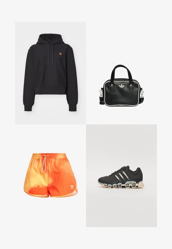 Svart kort hoodie tillverkad av mjukt tyg, med en kenguruficka, dragsko i huvan och broderad logotyp i gult och rött.; Simbadegradering i orange och gult på badshorts med dragsko i midjan, tillverkade av lättviktsmaterial. Har diskret varumärkeslogotyp på vänster ben.; Svart sportskor med en texturerad överdel, tre silverränder och en distinkt stötdämpande sula med flera integrerade sektioner.; Svart läderhandväska med två korta handtag, silverfärgade detaljer, vita accenter och en vit logotyp. Har en texturerad yta och en kompakt design.