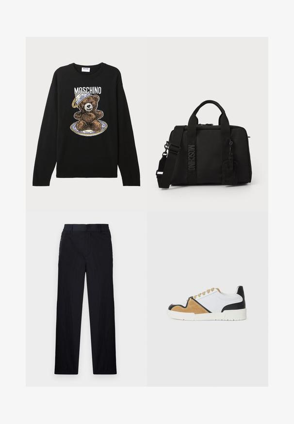 Suéter de malha preto com um gráfico de um urso a usar um chapéu, rodeado por um design de prato. O texto diz "MOSCHINO" acima do urso.; Calças pretas com um tecido leve e texturizado, design de pernas retas, cintura elástica e bolsos laterais com fecho.; Ténis feitos de têxtil branco com camurça cor castanha e detalhes em couro preto, apresentando uma biqueira arredondada, um design de atacador plano e uma sola texturizada.; Saco têxtil preto com alças duplas e alça de ombro destacável. Apresenta logotipo em relevo e etiqueta de couro. Textura suave, formato retangular.