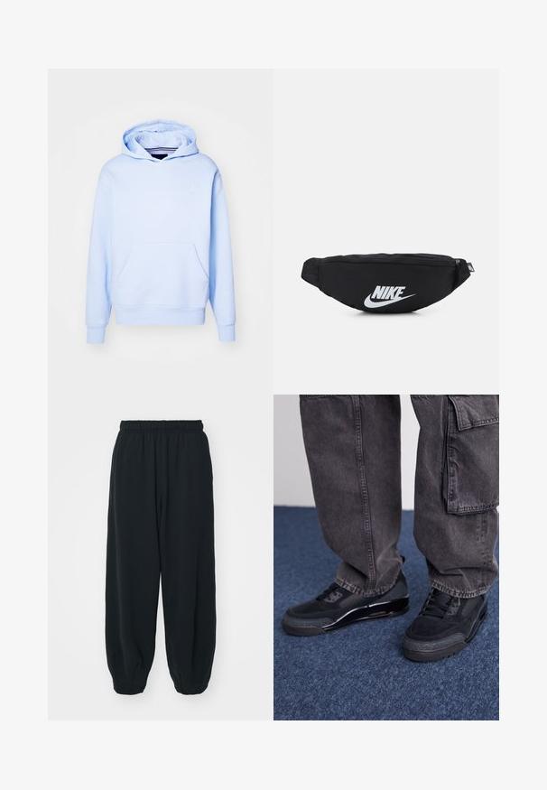 Svetlo modra kapuca iz mehkega materiala, z sprednjim žepom, rebrastimi manšetami in majhnim belim logotipom na prsih.; Črne, elastične hlače za prosti čas z ohlapnim krojem, manšetami na gležnjih, gladko teksturo in brez vidnih vzorcev ali dodatkov.; Črne športne čevlje z teksturirano površino, gladkimi poudarki in debelim podplatom, v kombinaciji z temnimi, ohlapnimi cargo hlačami.; Črna najlon fanny pakica z zadrgo, ki ima velik bel Nike logotip. Gladka tekstura in ergonomska zasnova za udobno nošenje.