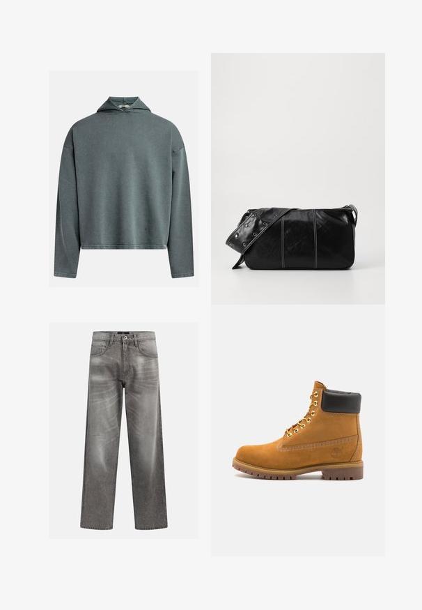 Szaro-zielona krótka bluza z kapturem z teksturowanej tkaniny, z długimi rękawami i trójkątnym kapturem. Posiada przeszywany dół oraz metkę z boku.; Kremowa bawełniana koszulka z krótkim rękawem i okrągłym dekoltem. Posiada graficzny nadruk w niebieskim i czerwonym kolorze z tekstem oraz motywem.; Szare dżinsy o luźnym kroju, z efektem przetarcia i blaknięcia, klasyczny pięciopocketowy krój oraz zapięcie na guzik.; Beżowe zamszowe botki sięgające kostki z czarną wyściełaną krawędzią, złotymi oczkami, białymi detalami szycia oraz wytrzymałą gumową podeszwą z wyraźnym bieżnikiem.; Czarna skórzana torba na ramię z zamkiem błyskawicznym, charakteryzująca się teksturowanym korpusem, białymi przeszyciami oraz paskiem z srebrnymi osłonkami.