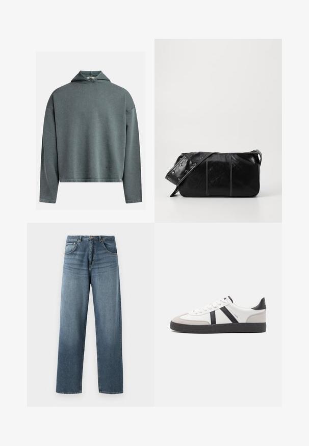 Hanorac scurt de culoare verde-gri, dintr-un material texturat, cu mâneci lungi și o glugă triunghiulară. Prezintă un tiv cusut și un eticheta pe lateral.; Jeans din denim albastru cu picioare drepte și umplutură decolorată, având un design cu cinci buzunare, nasture metalic și bucle pentru curea. Material structurat, de greutate medie.; Sneaker alb cu accente negre și gri, având un capac de vârf gri texturat, talpă din cauciuc negru și șireturi plate albe. Design elegant, stil minimalist.; Geantă de umăr din piele neagră cu închidere cu fermoar, având un corp texturat, cusături albe și o curea cu ochiuri argintii.
