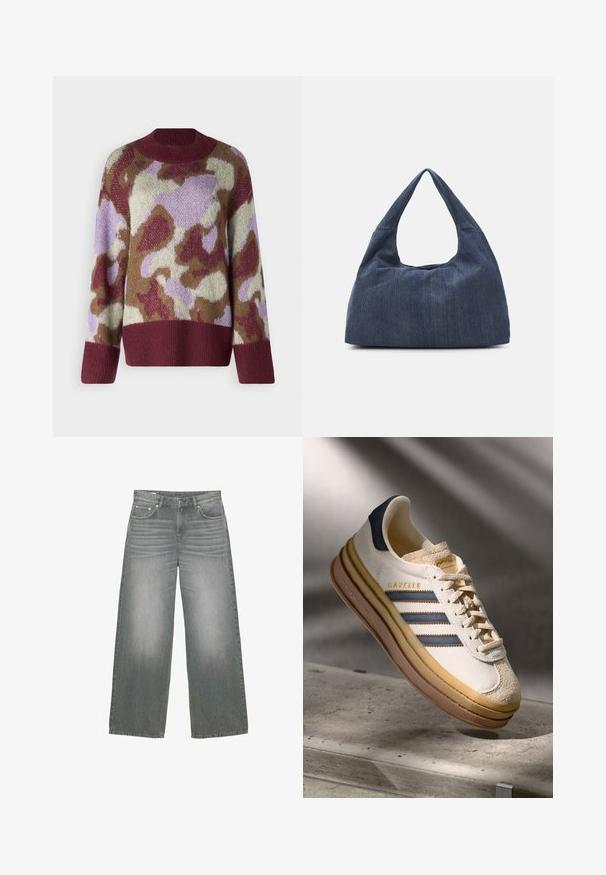 YAS YASTORIO - Trui - port; Grijs denim jeans met brede pijpen, voorzien van een licht vervaagde textuur, vijf zakken en een klassieke knoop- en ritssluiting.; Adidas Gazelle sneaker met een crème suède bovenwerk, blauwe leren accenten, drie blauwe strepen, beige tussenzool en een bruine rubberen outsole.; Donkerblauwe denim tas met een zachte, slungelige vorm, voorzien van een hobo-stijl handvat en een gestructureerd oppervlak. Geen zichtbare hardwareaccenten.