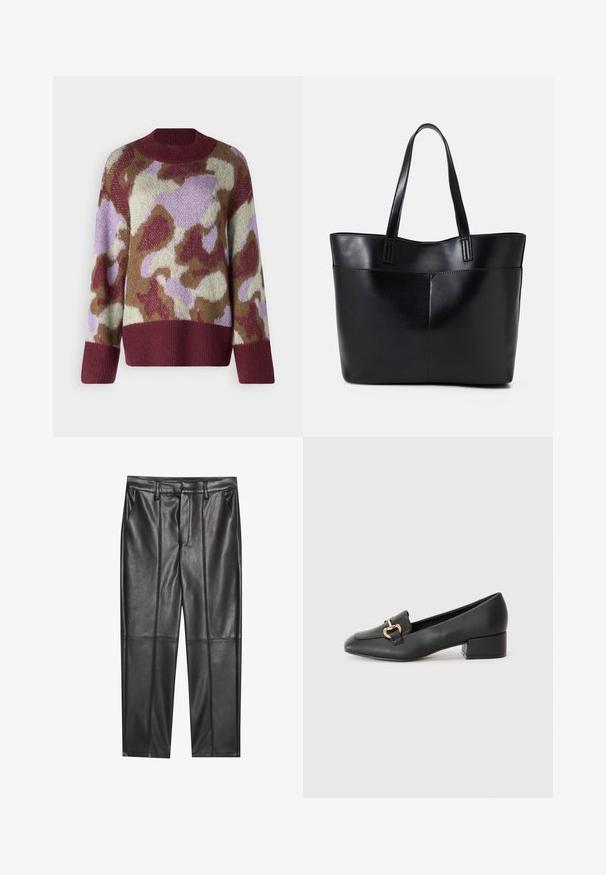 YAS YASTORIO - Jumper - port; Black leather trousers with a smooth texture, featuring a straight fit, two front pockets, and visible seam detailing.; Black leather loafers with a flat heel, featuring a decorative gold hardware detail on the front and a smooth texture.; Black leather tote bag with two long handles, a smooth texture, and a structured shape. Features a front pocket for additional storage.