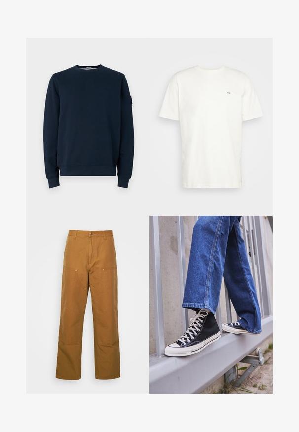 Námornícky modrá mikina vyrobená z bavlneného zloženia. Má okrúhly výstrih, dlhé rukávy, rebrované manžety a značkový štítok na ľavom rukáve.; Biela bavlnená tričko s okrúhlym výstrihom, krátkymi rukávmi a malým čiernym logom "W.W." na ľavej hrudi. Hladká textúra, bežný strih.; Hnedé bavlnené utility nohavice so strihom rovného nohu, ktoré obsahujú predné vrecká a kovové detaily pre zvýšenú odolnosť.; Čierne vysoké tenisky s bielou podrážkou a šnúrkami, kombinované so voľnými modrými riflami, položené na sivej zábradlí.
