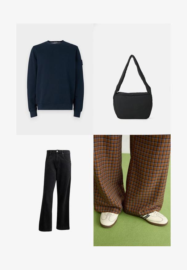 Navy sininen huppari, joka on valmistettu puuvillasekoitteesta. Siinä on pyöreä kaula-aukko, pitkät hihat, resorikynsikäänteet ja logotagi vasemmassa hihassa.; Musta farkkutakki suoralla lahje muotoilulla, jossa on etutaskut, nappisuljenta ja hieno rakenne. Mukana on huomaamaton logotyyppinen yksityiskohta.; Ruskonsin ja sininen ruutukuvioinen leveälahkeinen housut yhdistettynä valkoisiin kenkiin, joissa on mustia yksityiskohtia ja tekstuuripohjat, vihreää taustaa vasten.; Musta olkalaukku, jossa on pehmustettu pinta, pyöreä muoto ja leveä hihna, sekä kohopainettu logo edessä.