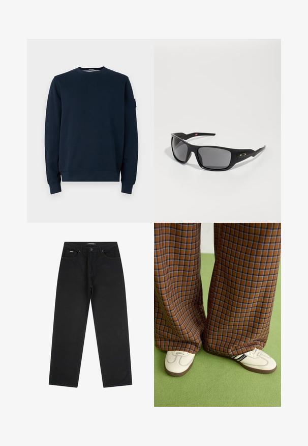 Felpa blu navy realizzata in misto cotone. Presenta un collo a giro, maniche lunghe, polsini a coste e un'etichetta con logo sulla manica sinistra.; Jeans neri a gamba dritta con bottone e zip anteriori, passanti per cintura e design a cinque tasche, posti flat su uno sfondo bianco.; Pantaloni a pieghe larghi a quadri marroni e blu abbinati a scarpe bianche con dettagli neri e suole testurizzate, posizionati su uno sfondo verde.; Occhiali da sole neri con forma rettangolare, realizzati in plastica resistente, con lenti grigio scure e un accento dorato sul lato.