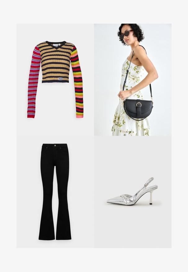 The Ragged Priest SLACK - Camisola - multi; Jeans pretos de cintura alta com fecho de botão e zíper, bolsos frontais e pernas largas dispostos em cima de um fundo branco.; Sapato de salto alto slingback prateado com bico fino, acabamento metálico, duas correias decorativas e um salto esbelto com ponta preta.; Bolsa de couro preta com forma curva, alça destacável e detalhes em dourado. A bolsa possui uma aba com detalhe de fivela.