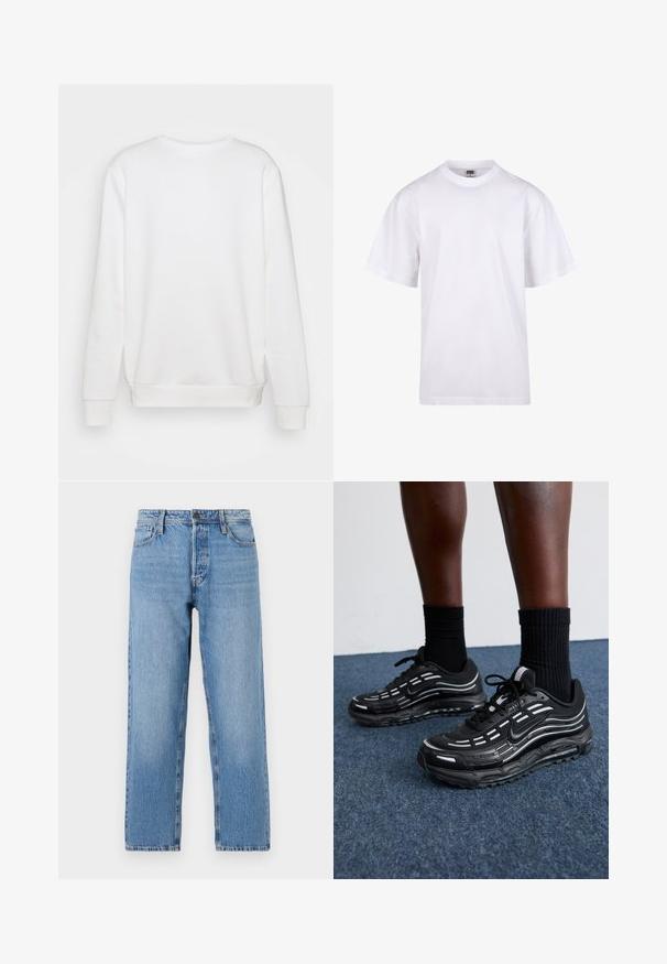 Felpa bianca a girocollo con maniche lunghe, polsini e orlo a coste. Tessuto liscio, design semplice, senza loghi o motivi visibili.; T-shirt bianca in cotone con scollatura a girocollo, maniche corte e vestibilità rilassata. Presenta un design semplice senza motivi o accenti.; Jeans in denim blu chiaro con design a gamba dritta, dotati di chiusura a bottone e zip, cinque tasche e una leggera sfumatura.; Le scarpe Nike nere presentano una tomaia in mesh con strisce a contrasto, lacci testurizzati e una suola in gomma nera. Indossate con calze nere a costine.