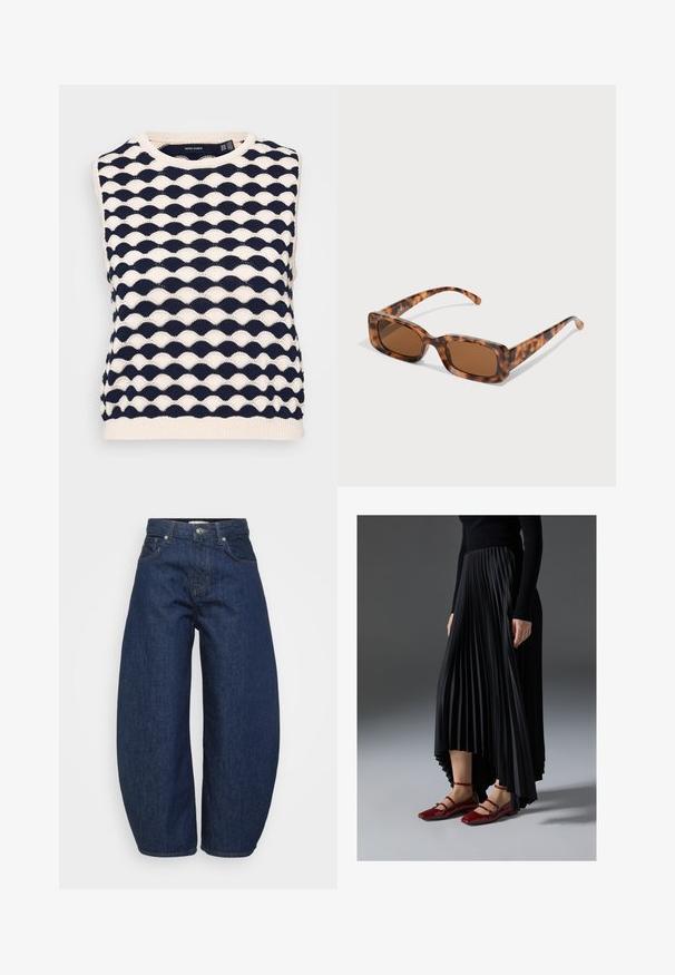 Pullover senza maniche in maglia blu navy e crema con un motivo ondulato a trama. Collo rotondo e orlo a costine. Realizzato in morbido tessuto knit.; Jeans in denim blu scuro a vita alta con gambe larghe, chiusura frontale con bottone e zip, e design classico a cinque tasche.; Gonna nera plissettata con orlo asimmetrico, abbinata a ballerine rosse lucide con design a strap. Il tessuto ha una texture liscia.; Occhiali da sole tartarugati con lenti rettangolari marroni, una montatura spessa e stanghette sottili con un motivo di diverse tonalità di marrone.; Orecchino a cerchio in argento con finitura lucida, caratterizzato da piccoli dettagli in oro e una forma tondeggiante, indossato sul lobo.