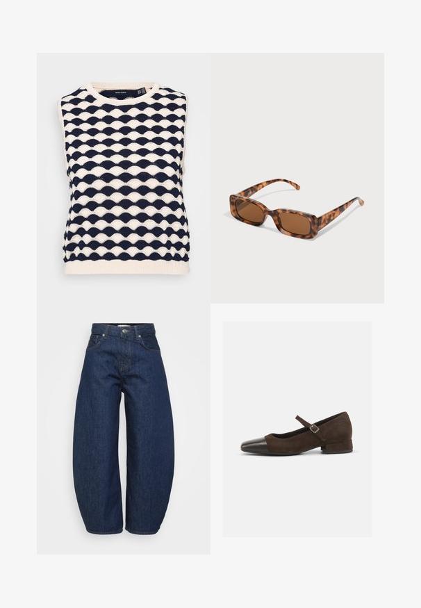 Navy and cream sleeveless knit pullover featuring a textured wavy pattern. Round neckline and ribbed hem. Made from soft knitted fabric.; High-waist dark blue denim jeans with wide legs, front button and zipper closure, and classic five-pocket design.; Brown suede Mary Jane shoe with a black patent leather toe cap, adjustable strap, and a low block heel. Smooth texture with minimal accents.; Tortoiseshell sunglasses with rectangular brown lenses, a thick frame, and slim arms featuring a pattern of varying shades of brown.