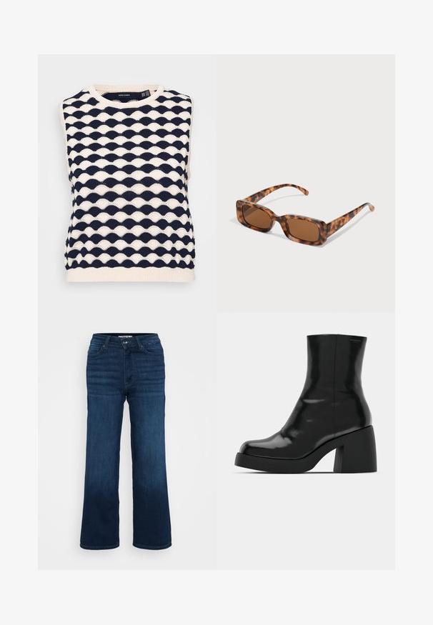 Marineblauer und cremefarbener ärmelloser Strickpullover mit einem strukturierten, wellenförmigen Muster. Runder Halsausschnitt und gerippter Saum. Hergestellt aus weich gestricktem Material.; ONLY Petite ONLMADISON BLUSH WIDE - Wide Leg - dark blue denim; Schwarze Stiefeletten mit glänzender Oberfläche, quadratischer Zehenpartie und dicker Blockabsatz. Das Design zeichnet sich durch eine nahtlose Silhouette und minimalistische Markenkennzeichnung aus.; Schildpattsonnenbrille mit rechteckigen, braunen Gläsern, einem dicken Rahmen und schmalen Bügeln, die ein Muster aus verschiedenen Brauntönen aufweisen.; Silberne Creolen mit einem Schleifen-Design, einer glatten Oberfläche und einer polierten Textur. Kompakter, minimalistischer Stil, geeignet für verschiedene Anlässe.