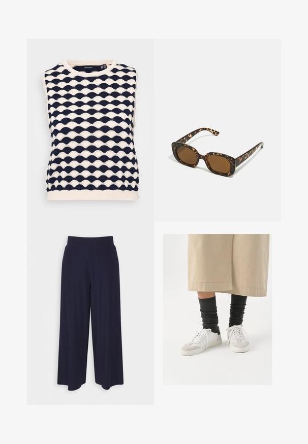Μπλέ ναυτικό και κρεμ αμάνικο πλεκτό πουλόβερ με υφή κυματιστού σχεδίου. Στρογγυλή λαιμόκοψη και ριγέ τελείωμα. Κατασκευασμένο από μαλακό πλεγμένο ύφασμα.; Πλατιά παντελόνια σε σκούρο ναυτικό ύφασμα με ριχτή υφή. Διαθέτουν ένα λείο ζωνάκι και ρέουσα σιλουέτα, φτάνοντας στο μήκος του μέσου μοσχαριού.; Λευκά και γκρίζα αθλητικά παπούτσια με μαύρη έμφαση στη φτέρνα, με λείο δέρμα στην επάνω πλευρά και υφή σουέντ στη μύτη. Φορεμένα με σκούρες γκρίζες κάλτσες.; Γυαλιά ηλίου από καβουρδισμένο κέλυφος με στρογγυλό, χοντρό σκελετό και καφέ φακούς. Διαθέτουν διακριτά σχέδια και ευθείες, κομμένες βραχίονες.