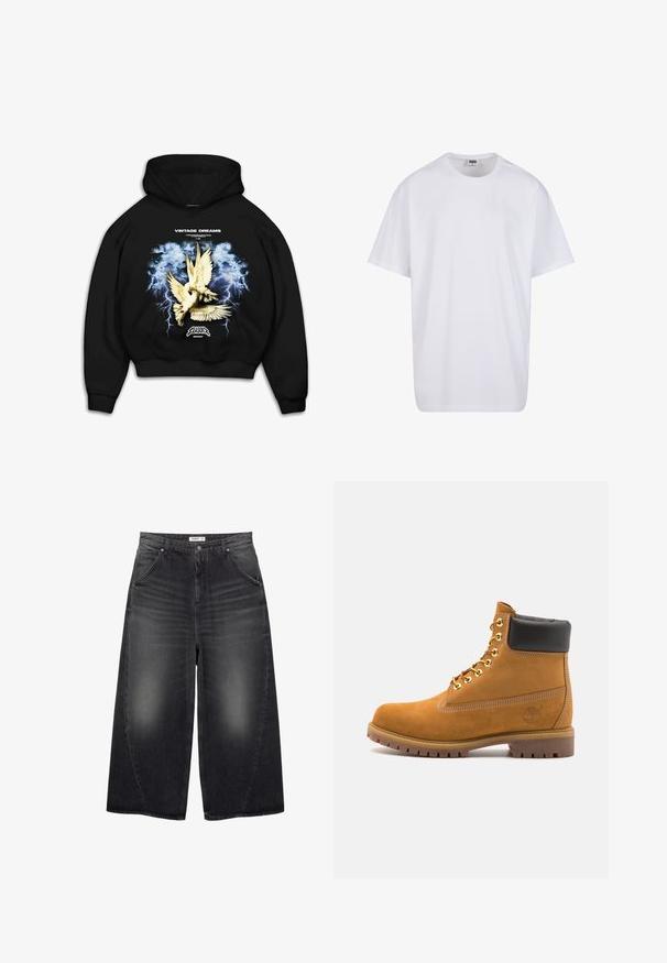 Černá mikina s kapucí s grafickým potiskem holubic na bouřkově modrém pozadí s blesky. Text zní "VINTAGE DREAMS."; Bílé triko z bavlny s krátkým rukávem, kulatým výstřihem, volným střihem a bez viditelných log či vzorů. Hladká textura a minimalistický design.; PULL&BEAR MEGA BAGGY - Baggy džíny - black; Hnědé semišové kotníkové boty s černým polstrovaným límcem, zlatými kovovými očky, bílým prošíváním a odolnou gumovou podrážkou s výraznými drážkami.
