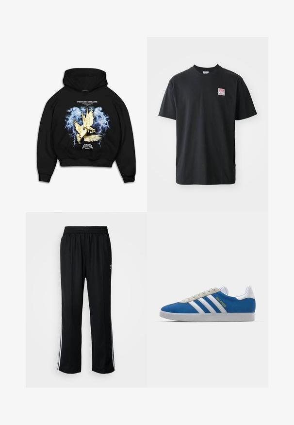 Juoda kapučinė prasmė su grafinio danguje vaizduojančių balandžių, priešais audringą mėlyną foną su žaibais. Tekstas sako "VINTAGE DREAMS."; Juodas medvilnės marškinėliai su apvaliu kaklu, trumpomis rankovėmis ir mažyte spalvota etikete kairėje krūtinės pusėje, ant kurios užrašyta "SUPERIOR."; Juodi sportiniai keliai su elastingu juosmeniu, su baltais šonais ir mažu logotipu. Atrodo, kad medžiaga yra minkšta ir lengva.; adidas Originals ADIDAS GAZELLE SHOES - Salės futbolo bateliai - real madrid/bluebird/footwear white/crew yellow
