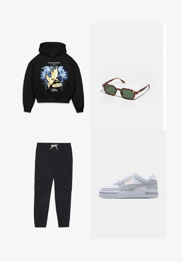 Juoda kapučinė prasmė su grafinio danguje vaizduojančių balandžių, priešais audringą mėlyną foną su žaibais. Tekstas sako "VINTAGE DREAMS."; Juodi šortai, pagaminti iš medvilnės, su elastingu juosmeniu ir virvute, šoninėmis kišenėmis ir siaurėjančiomis rankovėmis.; Pilkomis ir baltos sportbačiai su lygaus odos paviršiumi, perforuota koja, raištelių užsegimu, tekstūriniais akcentais ir subtiliu auksiniu logotipu.; Žvyneliai akiniai nuo saulės su žaliais lęšiais, turintys aštuonkampį formos ir plonas, lenktas šakeles. Medžiaga turi blizgų paviršių.