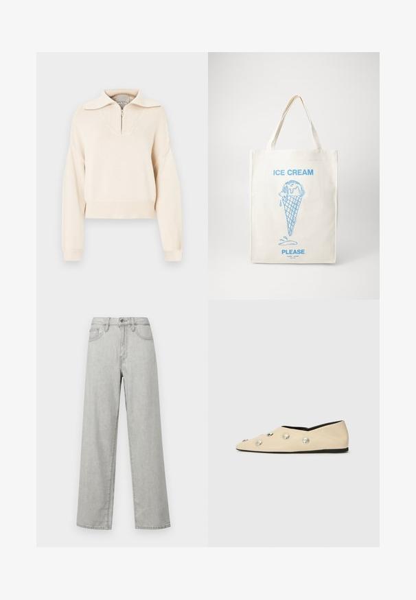 Beiger Strickpullover mit einem Viertel-Reißverschluss-Kragen, der ein strukturiertes Panel auf der Brust sowie gerippte Bündchen und Saum hat. Kürzere Länge.; Hellgraue, weit geschnittene Jeans aus Denim mit hoher Taille, Fronttaschen und einem Standardverschluss mit Knopf und Reißverschluss.; CLOSED Klassischer Ballerina - ecru; Baumwolltragetasche in natürlicher Cremefarbe mit einem blauen Eisbecher-Design und Schmelzdetails sowie dem Text "EISBITTE" darunter.