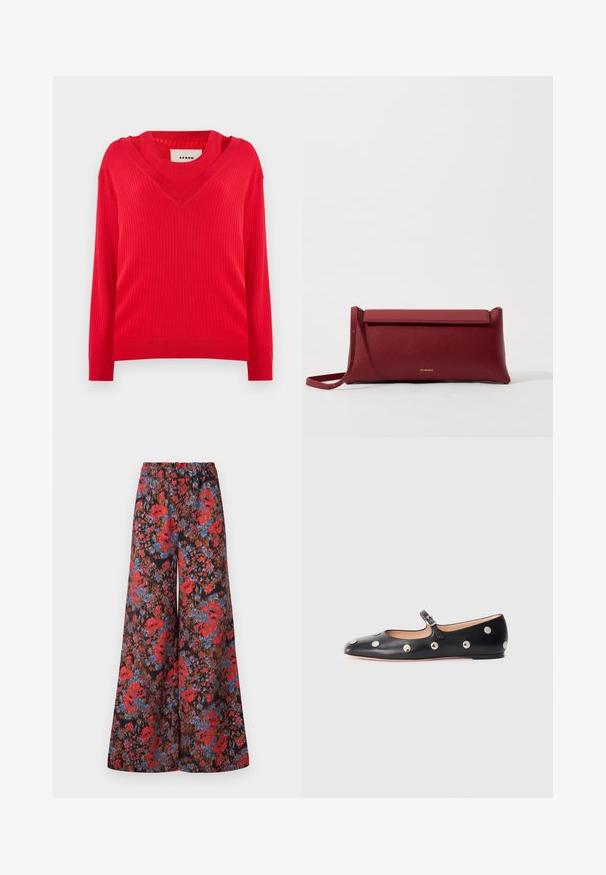 Pulover roșu cu dungi, cu decolteu în V și mâneci lungi. Are o croială ușor scurtă și un material tricotat texturat.; Pantaloni largi dintr-un material negru, decorat cu un model floral vibrant în nuanțe de roșu și albastru, având un talie elastica pentru confort.; Pantofii Mary Jane din piele neagră, cu vârful rotund, decorati cu nasturi circulari argintii și o curea ajustabilă cu cataramă.; Geantă de mână roșie din piele cu o textură rafinată, având un capac plat pliat și o curea scurtă. Logo-ul subtil al mărcii pe față.