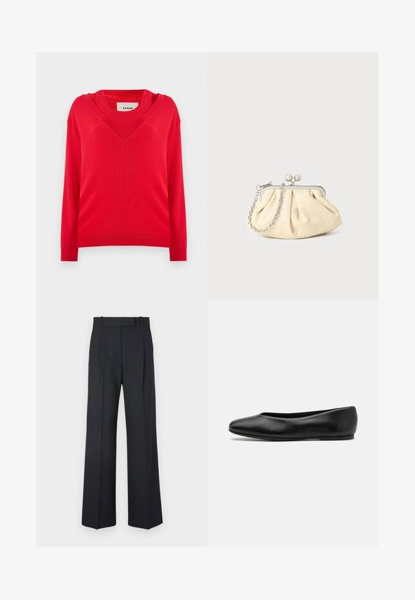 Roter gerippter Pullover mit V-Ausschnitt und langen Ärmeln. Verfügt über einen leicht verkürzten Schnitt und ein strukturiertes Strickgewebe.; Dunkelblaue Nadelstreifenhosen mit hoher Taille, weit geschnittenem Bein und ohne sichtbare Beschläge oder Verzierungen. Glatte Textur und taillierte Passform.; Paul Smith TOPANGA - Klassischer Ballerina - black; Faltige beigefarbene Ledertasche mit einem silbernen Metallrahmen, ausgestattet mit zwei runden dekorativen Verschlüssen und einem silbernen Kettenriemen.