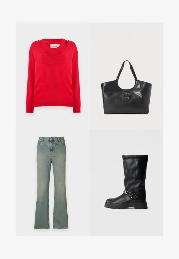Piros bordázott pulóver v-nyakú fazonnal és hosszú ujjal. Enyhén cropped fazonú, texturált kötött anyagból készült.; Világoskék farmer széles szárú nadrág magas derékkal, öt zsebbel és cipzáras záródással. Tiszta, fakó megjelenés, finom varrási részletekkel.; Fekete, térd fölé érő csizmák sima bőrből, oldalt csattós díszítéssel és vastag, texturált talppal a jobb tapadás érdekében.; Fekete bőr tote táska fényes felülettel, ívelt tetejével, két vállpántjával és arany színű fémrészlettel az elején.