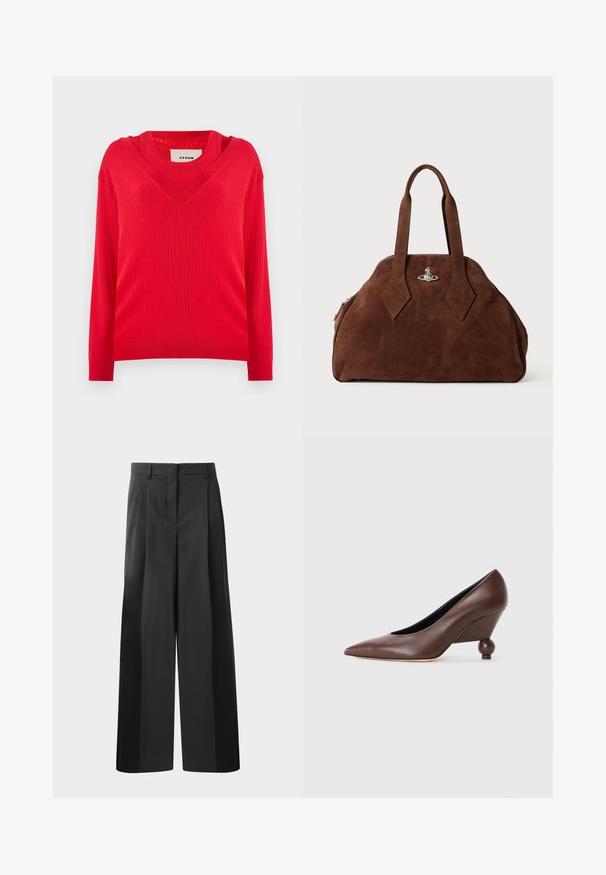 Röd ribbad tröja med en V-halsdesign och långa ärmar. Har en något kortad passform och strukturerat stickat tyg.; Svarta byxor med vida ben och hög midja, med framveck, en slät textur och en skräddarsydd finish. Designade för en avslappnad passform.; Brun läderwedge med spetsig tå och rund, bollformad klack. Slät yta med en enkel design och minimala detaljer.; Brun mockaskinnsväsk med en strukturerad form, rundad kropp och avlånga, diamantformade handtag. Har en silverfärgad låsning.