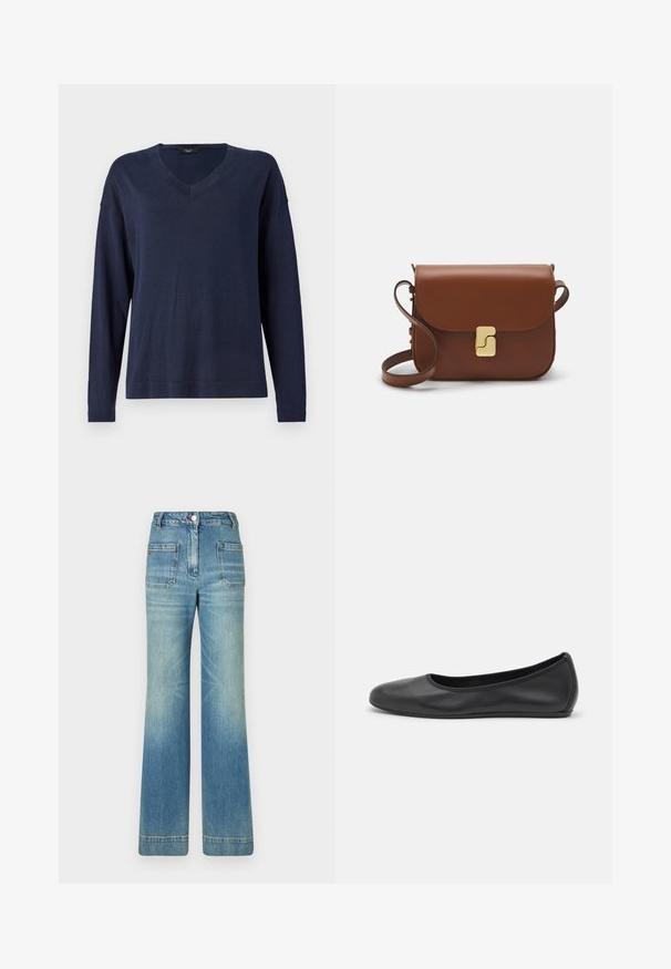 Navyblaues Langarm-V-Ausschnitt-Pullover. Weicher, leichter Stoff mit lockerem Schnitt und gerippten Bündchen. Einfaches, minimalistisches Design ohne Muster.; Weißes kurzärmliges T-Shirt aus geripptem Stoff. Runder Halsausschnitt, normale Passform und dezente Nähte. Keine Muster oder Grafiken.; Helle blaue, ausgestellt geschnittene Jeans aus Denim mit fünf Taschen, Gürtelschlaufen, Knopfverschluss und einer leicht verblassten Textur, die ein rotes Logodetail auf der Rückseite aufweist.; Schwarze Leder-Ballettschuhe mit abgerundeter Spitze, glatter Textur, minimalen Nähdetails und einem flexiblen Sohlen-Design.; Braune Ledertasche mit Klappenverschluss, Beschlägen in Goldfarbe, einem Schultergurt und einer glatten Oberfläche. Kompakte rechteckige Form.
